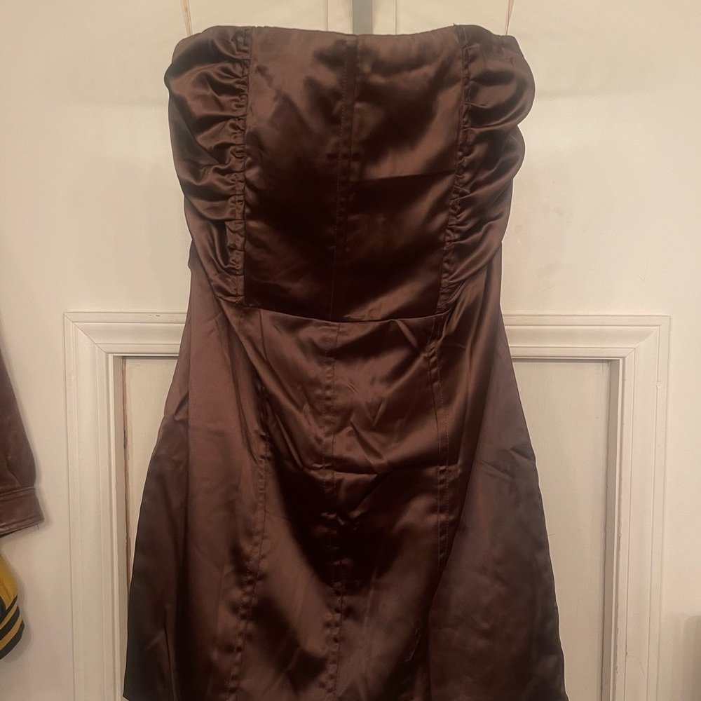 Espresso Brown Satin Strapless Mini Dress by PepperMayo